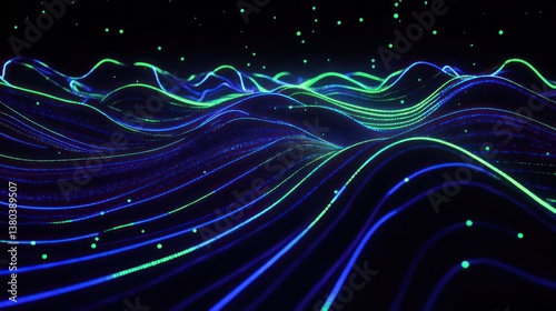 A black background with electric blue and neon green flowing lines and curves, creating an abstract digital landscape of vibrant light particles and glowing waves