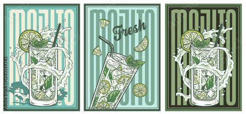 Mojito cocktail glass on retro, vintage poster or retro sign with rum and bourbon for design of surfing, tiki or beach bar menu. Gin rickey alcohol cocktail set for drink party, summer vibes