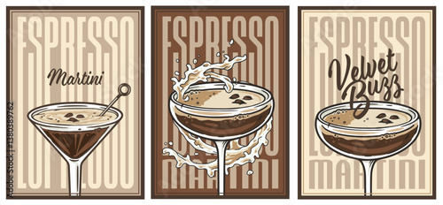 Martini espresso cocktail glass on retro poster with coffee beans for surfing, tiki, beach bar menu. ?offee martini velvet buzz, brown margarita alcohol cocktail set for drink party summer vibes
