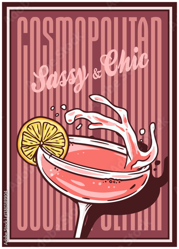 Cosmopolitan cocktail glass on retro, vintage poster with lime and cherry for design of surfing, tiki or beach bar menu. Cosmo alcohol cocktail for drink party, summer vibes