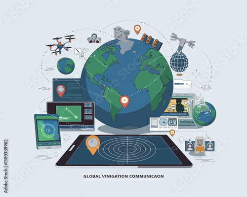 vector illustrative poster that celebrates global communication technology . Showcase a world travel by advanced communication systems.
