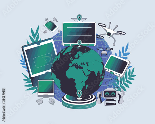vector illustrative poster that celebrates global communication technology . Showcase a world travel by advanced communication systems.
