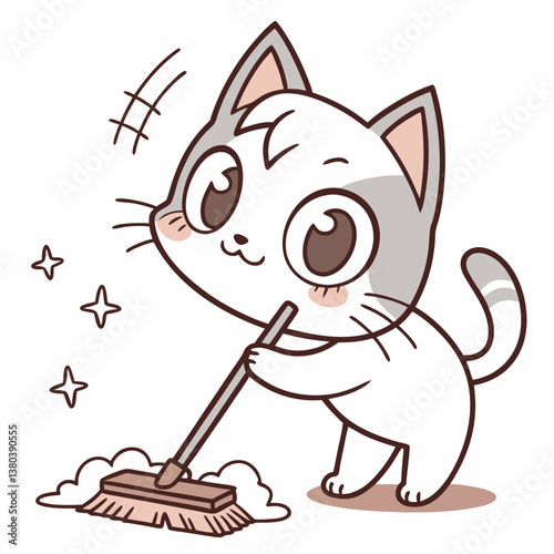 cute cat cleaning floor in white background