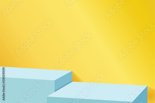 Abstract blue podium with varying heights on a yellow background. Minimal pastel blue product display, pedestal, 3d stage studio showroom, vector illustration design for presentation, mockup