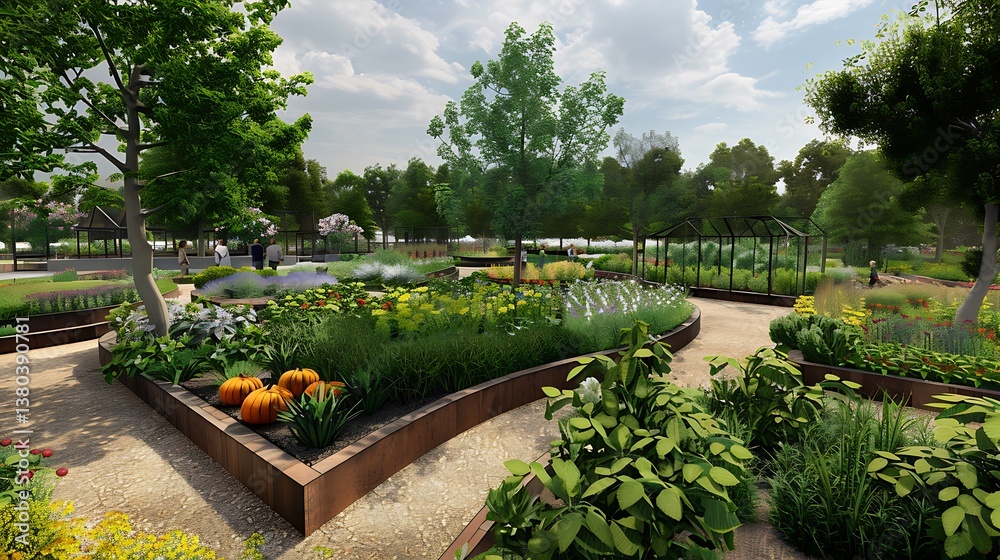 Naklejka premium Urban food forest with a mix of edible perennials, fruit trees, and herbs, designed for sustainable food production