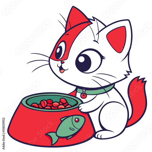 cute cat eating food in bowl with white background