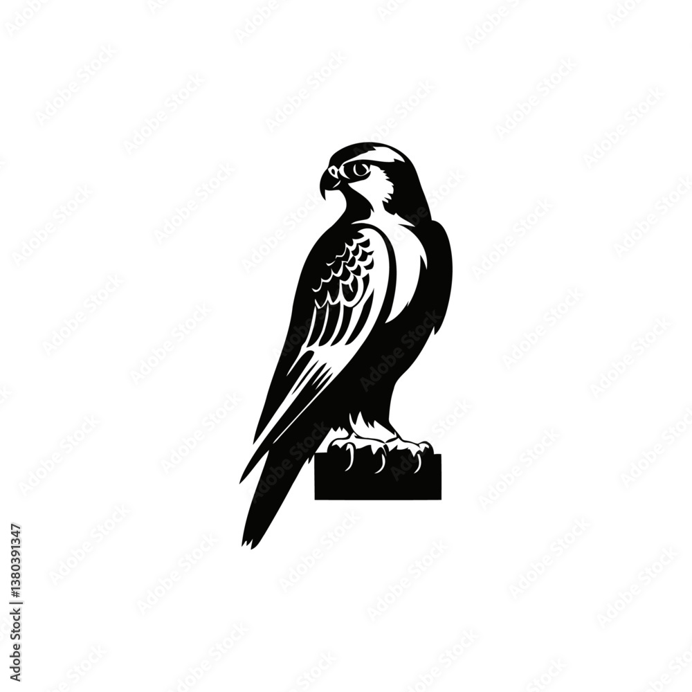 Fototapeta premium A black and white vector silhouette of a kestrel gliding through the sky with an elegant posture on a white background.