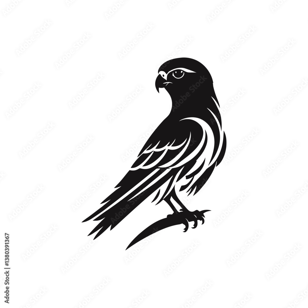 Fototapeta premium A black and white vector silhouette of a kestrel perched on a branch, scanning the surroundings on a white background.