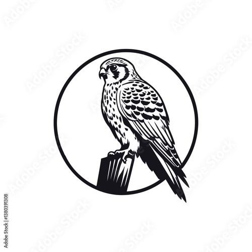 A black and white vector silhouette of a kestrel perched with sharp details and an alert posture on a white background