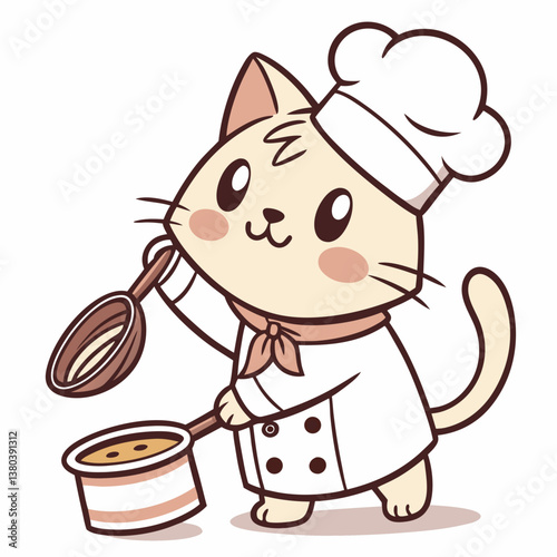 cute cat cooking and wearing chef custom in white background