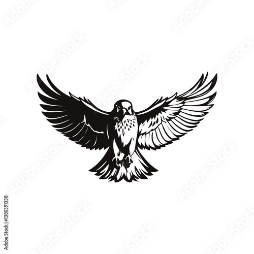 A black and white vector illustration of a kestrel diving swiftly with precision on a white background