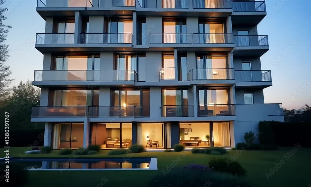 Luxury Apartments at Dusk: Modern Architecture with Poolside Serenity