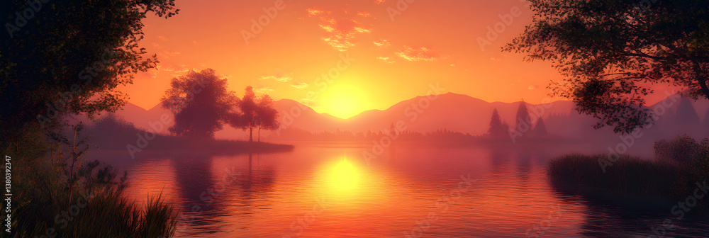 Mesmerizing Sunset Over a Tranquil Lake with Reflective Waters and Silhouetted Mountains Mesmerizing Sunset Over a Tranquil Lake with Reflective Waters and Silhouetted Mountains