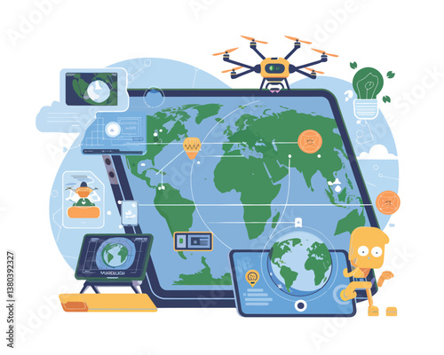 vector illustrative poster that celebrates global communication technology . Showcase a world travel by advanced communication systems.
