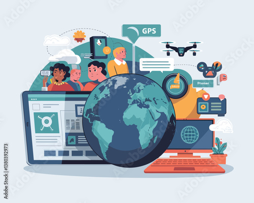 vector illustrative poster that celebrates global communication technology . Showcase a world travel by advanced communication systems.
