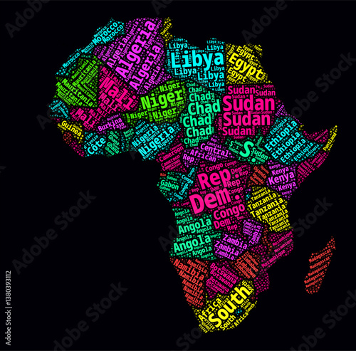 Africa Word Cloud. Bright neon style design on dark background. Region names text cloud. Boundary shape with administrative division. Elegant vector illustration.