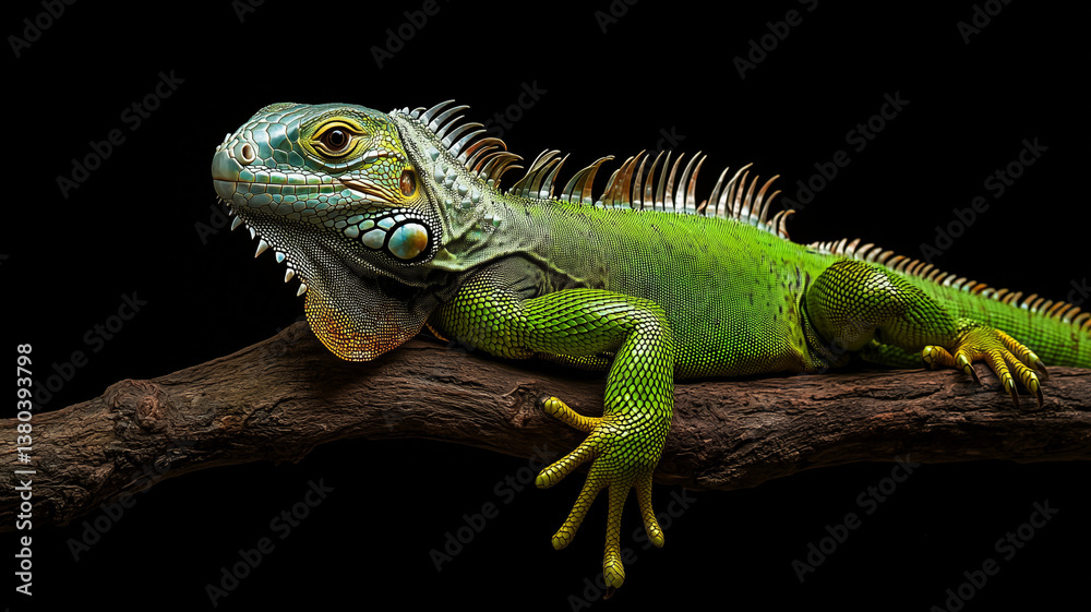 Fototapeta premium iguana on a branch on black background