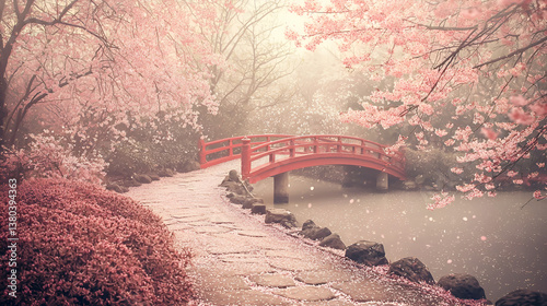 Watercolor Scene of Serene Japanese Garden with Cherry Blossoms