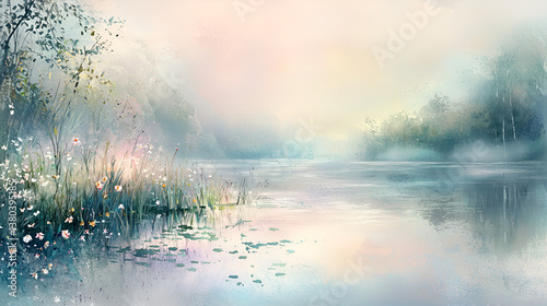 Watercolor Scene of Calm Lake at Sunrise