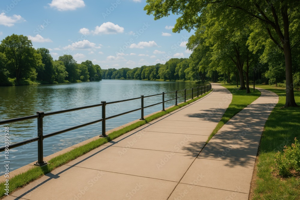  a peaceful lakeside walkway with a gently curving stone path bordered by black metal railings. The pathway is surrounded by lush grass, vibrant plants, and tall trees casting dappled shadows