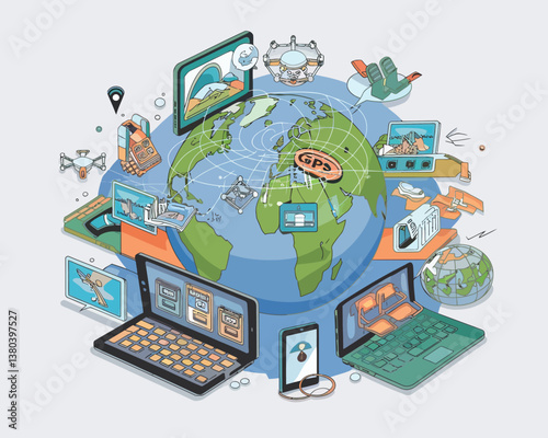 vector illustrative poster that celebrates global communication technology . Showcase a world travel by advanced communication systems.
