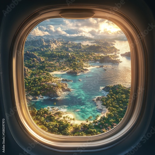 Breathtaking aerial view of a tropical coastline and lush verdant vegetation captured through the window of an airplane  The crystal clear turquoise waters pristine beaches