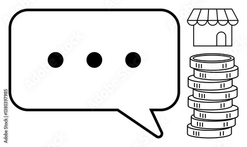 Speech bubble with dots next to a small storefront and stacked coins. Ideal for commerce, financial dialogue, profit, small business, entrepreneurship, marketing, communication. Flat simple metaphor