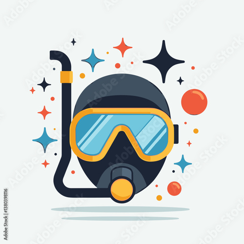 Scuba diving mask illustration with playful mood and colorful cosmic background