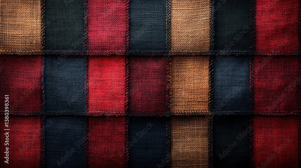 Fototapeta premium Textured patchwork of various fabrics in alternating brown, red, and dark blue tones