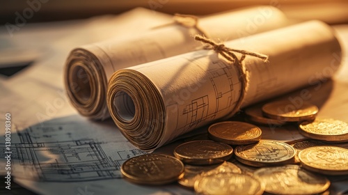 Architectural Plans and Gold Coins: A Symbol of Construction Costs and Investment