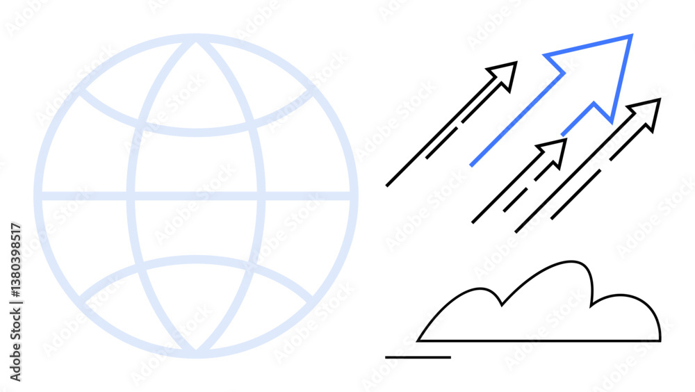 Globe outline with upward arrows and cloud illustrating global progress, innovation, and aspirations. Ideal for business, technology, success, teamwork, strategy development, global impact flat Globe outline with upward arrows and cloud illustrating global progress, innovation, and aspirations. Ideal for business, technology, success, teamwork, strategy development, global impact flat