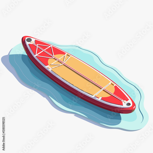 Stylized paddleboard floating on water with colorful design and top view perspective