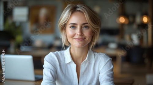 Portrait of a smiling beautiful blonde woman, 30-35 years old, employee in a white blouse, in the office