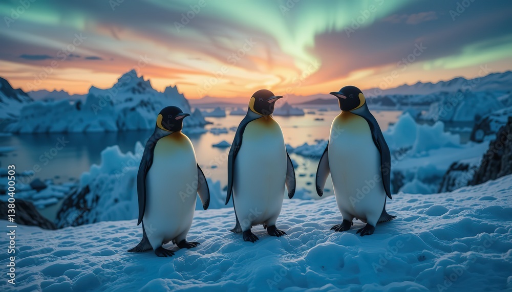 Obraz premium Three emperor penguins stand on snowy hill at dusk under aurora borealis lights. Sea bay with icebergs. Travel arctic landscape. Global warming polar wildlife. 