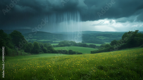 Obraz na płótnie A mesmerizing photography of a stormy countryside landscape, with rain clouds rolling over distant hills, rain visibly falling, and vibrant green fields in the foreground. w salonie