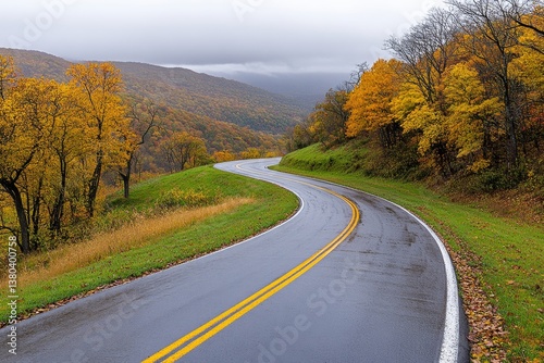 A scenic road trip through the Hudson Valley, with rolling hills and vibrant fall foliage on either side