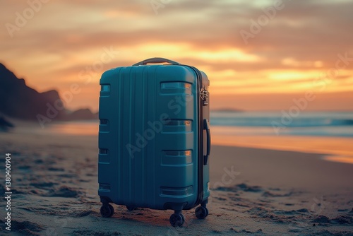 Blue Suitcase on Sandy Beach at Sunset with Golden Light Reflecting on Ocean Waves and Distant Cliffs in Background