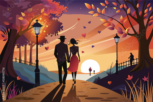 vector of Silhouette of a couple taking a romantic stroll