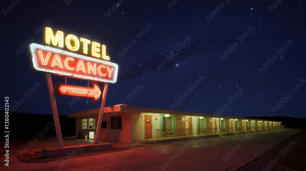 Naklejka premium Neon Motel Sign Illuminates Dark Night Sky with Stars Above