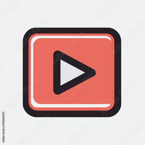 Red play button displays action inside square shape icon