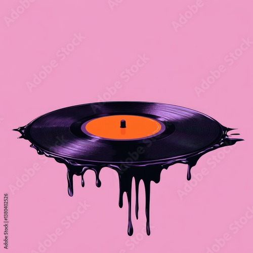 Melting Vinyl Record Slice of Pizza on Purple Background Creative Illustration Surreal Retro Music Art