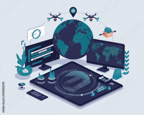 vector illustrative poster that celebrates global communication technology . Showcase a world travel by advanced communication systems.
