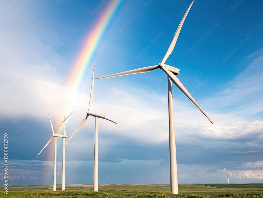 Fototapeta premium A picturesque scene featuring wind turbines under a vibrant rainbow against a backdrop of blue skies and fluffy clouds, symbolizing renewable energy.