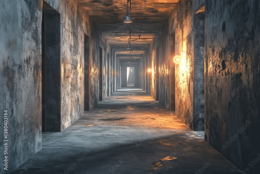 Dimly Lit Concrete Corridor with Architectural Elements and Grunge Texture Showing Perspective and Depth with Distant Light Source Dimly Lit Concrete Corridor with Architectural Elements and Grunge Texture Showing Perspective and Depth with Distant Light Source