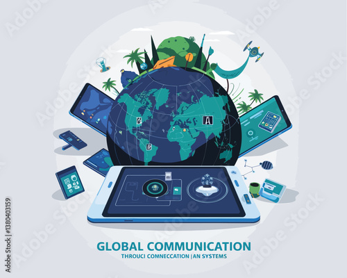 vector illustrative poster that celebrates global communication technology . Showcase a world travel by advanced communication systems.
