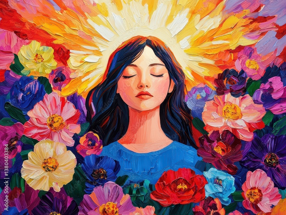 A vibrant portrait of a serene woman surrounded by colorful flowers and a radiant sun, symbolizing peace and beauty. A vibrant portrait of a serene woman surrounded by colorful flowers and a radiant sun, symbolizing peace and beauty.