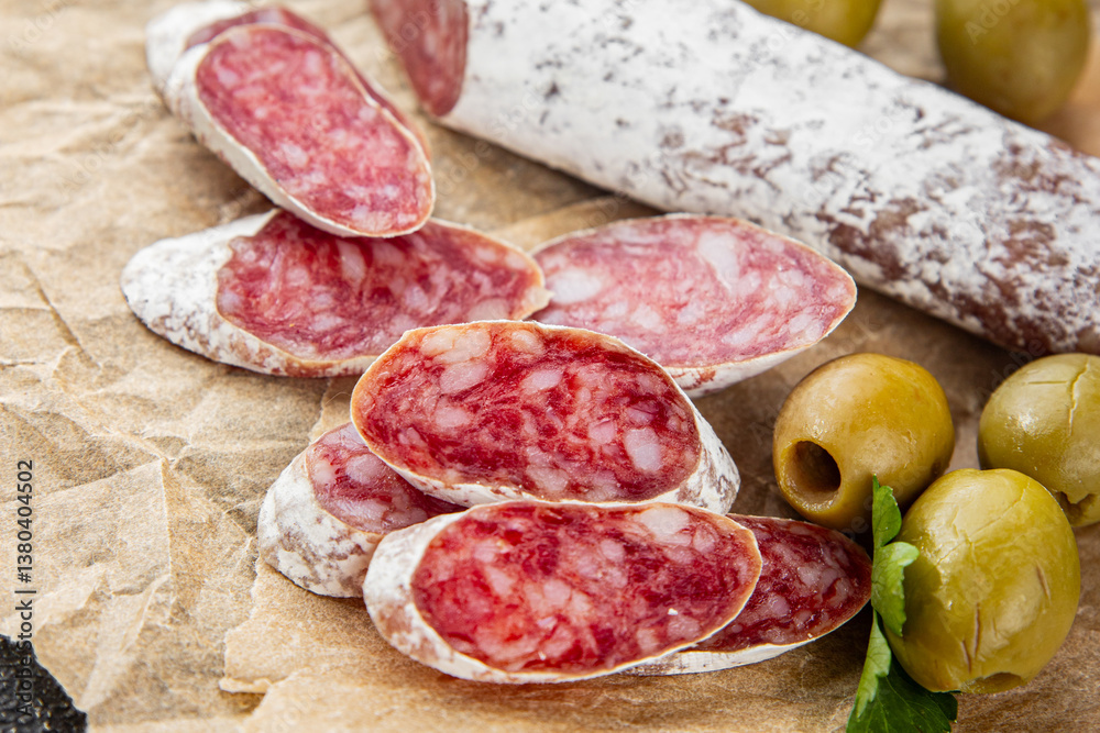 Fuet sausage meat Spanish delicacy gourmet food background on the table rustic food top view copy space Fuet sausage meat Spanish delicacy gourmet food background on the table rustic food top view copy space