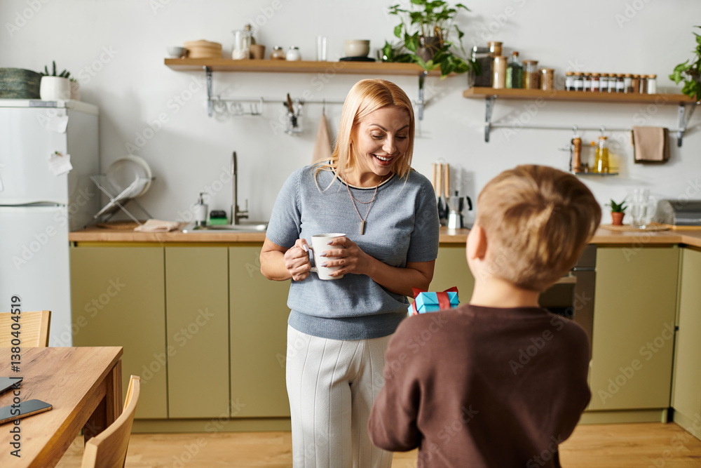 Joyful moments shared between mother and son in a modern kitchen filled with warmth Joyful moments shared between mother and son in a modern kitchen filled with warmth