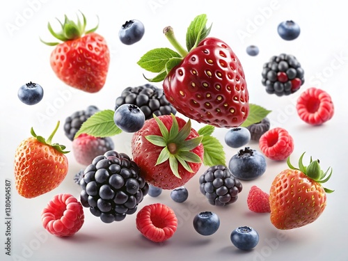 Macro Photo of Falling Mixed Wild Berries: Strawberry, Raspberry, Blueberry, Blackberry on White