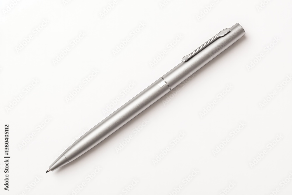 Sleek metallic pen resting on smooth surface, showcasing minimal Sleek metallic pen resting on smooth surface, showcasing minimal